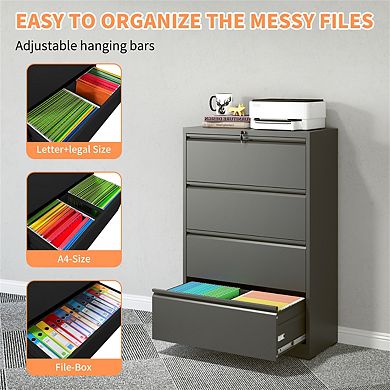 Lateral File Cabinet 4 Drawer with Lock, Lockable Filing Cabinet, Locking Metal Cabinet for A4 Size