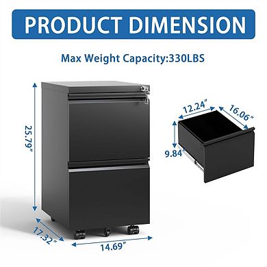 2 Drawer Metal Mobile File Cabinet - Rolling File Cabinet with Lock for Hanging A4 Size