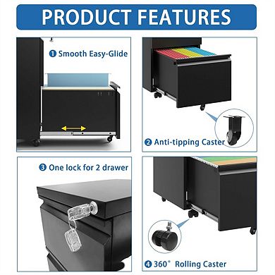 2 Drawer Metal Mobile File Cabinet - Rolling File Cabinet with Lock for Hanging A4 Size