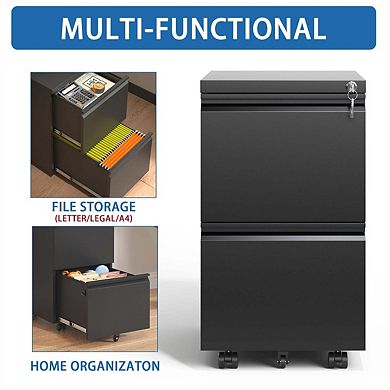 2 Drawer Metal Mobile File Cabinet - Rolling File Cabinet with Lock for Hanging A4 Size
