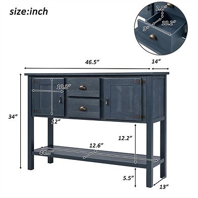 48" Solid Wood Sideboard Console Table with 2 Drawers and Cabinets and Bottom Shelf, Storage Cabinet