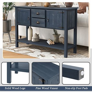 48" Solid Wood Sideboard Console Table with 2 Drawers and Cabinets and Bottom Shelf, Storage Cabinet