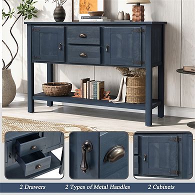 48" Solid Wood Sideboard Console Table with 2 Drawers and Cabinets and Bottom Shelf, Storage Cabinet