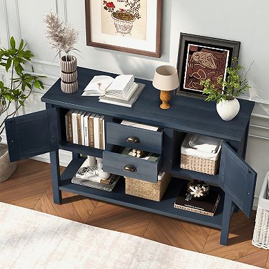 48" Solid Wood Sideboard Console Table with 2 Drawers and Cabinets and Bottom Shelf, Storage Cabinet