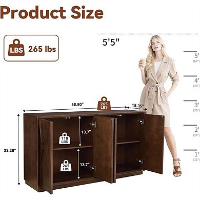 Accent Cabinet 4 Door - Solid Wood Carved Doors, Adjustable Shelves, Push to Open, Cable Management