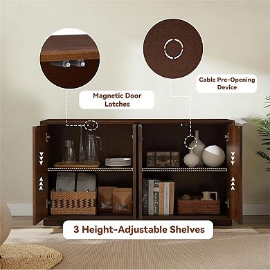 Accent Cabinet 4 Door - Solid Wood Carved Doors, Adjustable Shelves, Push to Open, Cable Management