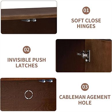 Accent Cabinet 4 Door - Solid Wood Carved Doors, Adjustable Shelves, Push to Open, Cable Management