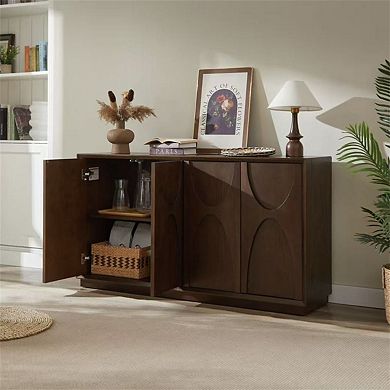 Accent Cabinet 4 Door - Solid Wood Carved Doors, Adjustable Shelves, Push to Open, Cable Management