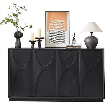 Accent Cabinet 4 Door - Solid Wood Carved Doors, Adjustable Shelves, Push to Open, Cable Management