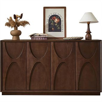 Accent Cabinet 4 Door - Solid Wood Carved Doors, Adjustable Shelves, Push to Open, Cable Management
