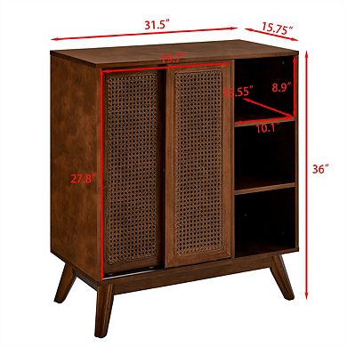 Sideboard Cabinet Buffet - Mid Century Modern, Rattan, Adjustable Shelf, Solid Wood Feet, Entryway