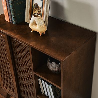 Sideboard Cabinet Buffet - Mid Century Modern, Rattan, Adjustable Shelf, Solid Wood Feet, Entryway