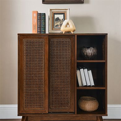 Sideboard Cabinet Buffet - Mid Century Modern, Rattan, Adjustable Shelf, Solid Wood Feet, Entryway