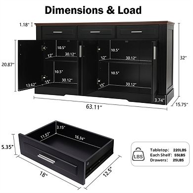 Sideboard Buffet Cabinet 63" -Fluted,Coffee Bar Station,4 Doors,3 Drawers,Wood Kitchen Storage Table