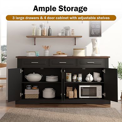 Sideboard Buffet Cabinet 63" -Fluted,Coffee Bar Station,4 Doors,3 Drawers,Wood Kitchen Storage Table