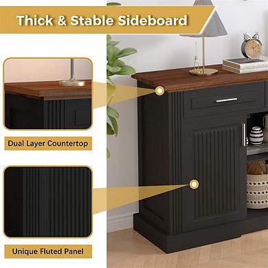 Sideboard Buffet Cabinet 63" -Fluted,Coffee Bar Station,4 Doors,3 Drawers,Wood Kitchen Storage Table
