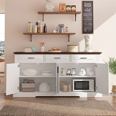 Sideboard Buffet Cabinet 63" -Fluted,Coffee Bar Station,4 Doors,3 Drawers,Wood Kitchen Storage Table