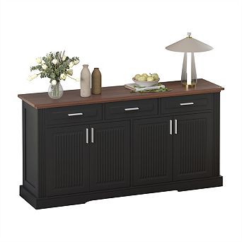 Sideboard Buffet Cabinet 63" -Fluted,Coffee Bar Station,4 Doors,3 Drawers,Wood Kitchen Storage Table