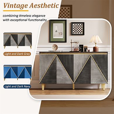60" Retro Buffet Cabinet - 4-Door Vintage Sideboard with Dimensional Effect Doors,Adjustable Shelves