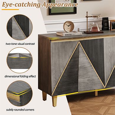 60" Retro Buffet Cabinet - 4-Door Vintage Sideboard with Dimensional Effect Doors,Adjustable Shelves