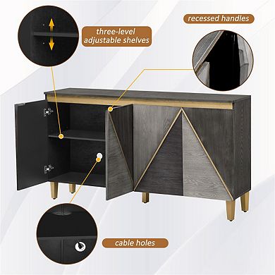 60" Retro Buffet Cabinet - 4-Door Vintage Sideboard with Dimensional Effect Doors,Adjustable Shelves