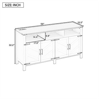 4-Door Sideboard Buffet - 59'' with Power Outlets & USB Ports,Adjustable Shelves & Half-Open Cabinet