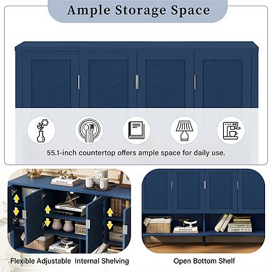 Storage Sideboard, 55.1'' 4-Doors Buffet with Open Shelf,2-Tiers Adjustable Shelves and Double Hooks