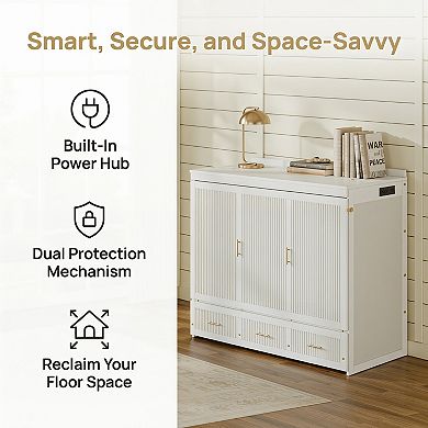 Twin Size Murphy Bed Cabinet With Usb Charging, Storage Drawers & Safety Lock, Space Saving Wall Bed