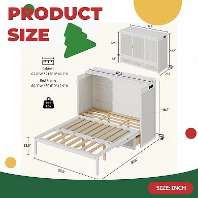 Twin Size Murphy Bed Cabinet With Usb Charging, Storage Drawers & Safety Lock, Space Saving Wall Bed