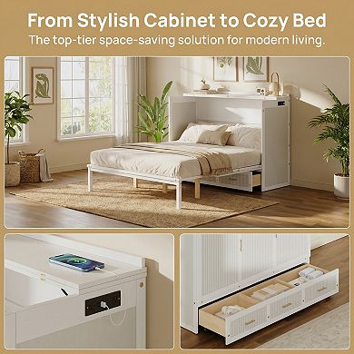 Twin Size Murphy Bed Cabinet With Usb Charging, Storage Drawers & Safety Lock, Space Saving Wall Bed