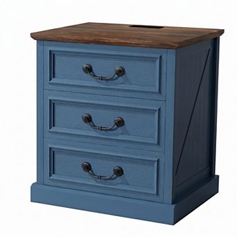 22" Farmhouse Nightstand with Charging Station, 3 Drawers, Rustic Wood Bedside Table