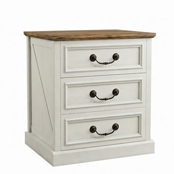 22" Farmhouse Nightstand with Charging Station, 3 Drawers, Rustic Wood Bedside Table