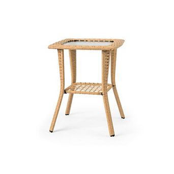 2 tier Patio End Table with Storage Shelf，Outdoor Wicker Patio Side Table with Tempered Glass Top