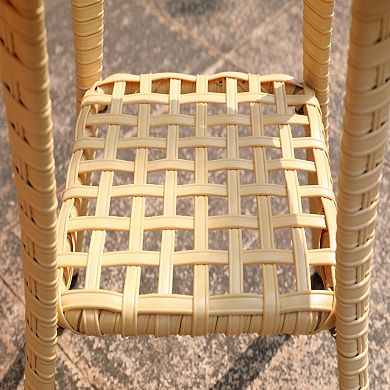 2-Tier Patio End Table with Storage Shelf，Outdoor Wicker Patio Side Table with Tempered Glass Top