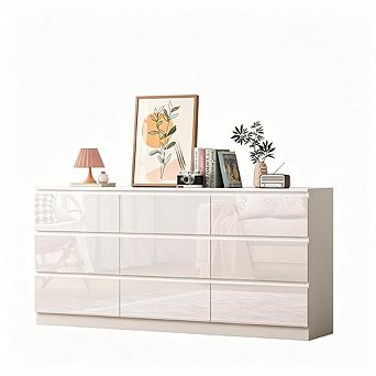 70" High Gloss 9 Drawer Dresser with Charging Station for Bedroom, Living Room, Entryway