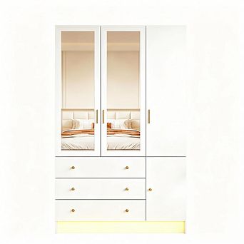 74.8" Tall LED Wardrobe Armoire Closet with Mirror Door, Adjustable Shelves, Hanging Rod, Drawers