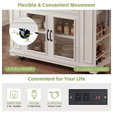 54 in. Mobile Kitchen Island with Glass Door Storage Power Outlet and Open Shelves