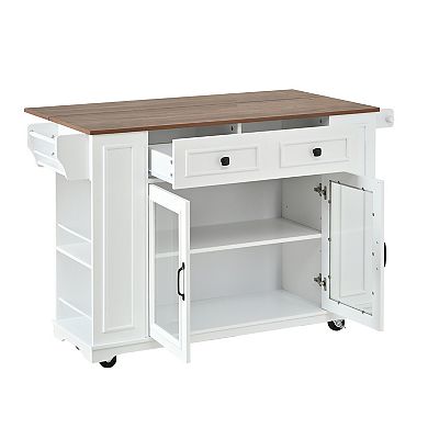 54 in. Mobile Kitchen Island with Glass Door Storage Power Outlet and Open Shelves