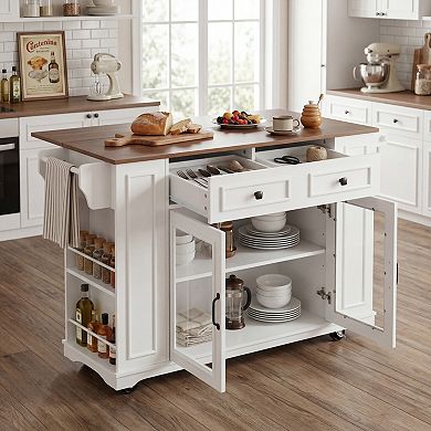54 in. Mobile Kitchen Island with Glass Door Storage Power Outlet and Open Shelves