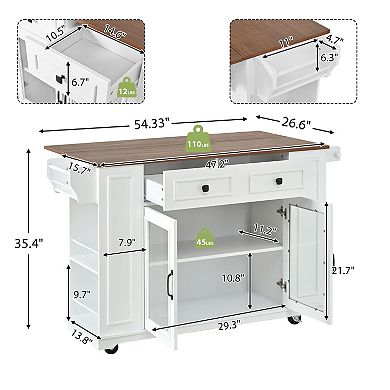 54 in. Mobile Kitchen Island with Glass Door Storage Power Outlet and Open Shelves