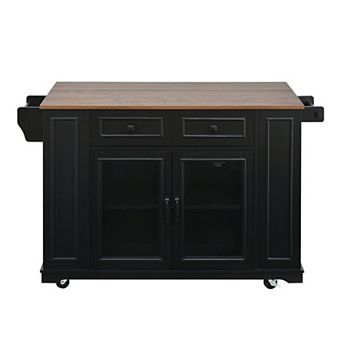 54 in Mobile Kitchen Island with Glass Door Storage Power Outlet and Open Shelves
