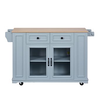 54 in Mobile Kitchen Island with Glass Door Storage Power Outlet and Open Shelves