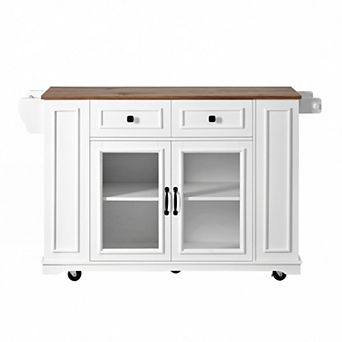 54 in Mobile Kitchen Island with Glass Door Storage Power Outlet and Open Shelves