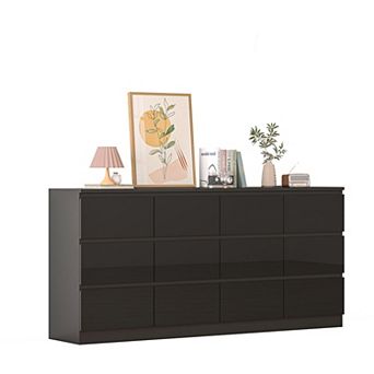 71" High Gloss 12 Drawer Dresser with Charging Station for Bedroom, Living Room, Entryway