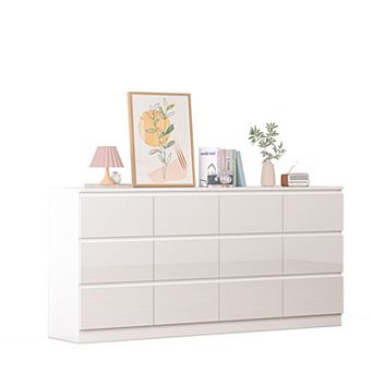 71" High Gloss 12 Drawer Dresser with Charging Station for Bedroom, Living Room, Entryway
