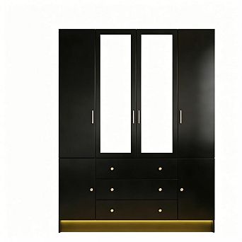 74.8" Tall LED Wardrobe Armoire Closet with Mirror Door, Adjustable Shelves, Hanging Rod, Drawers