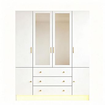 74.8" Tall LED Wardrobe Armoire Closet with Mirror Door, Adjustable Shelves, Hanging Rod, Drawers