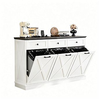 39 Gallons Triple Tilt-Out Trash Can Cabinet with 3 Hideaway Drawers, Power Outlets, Pet Proof