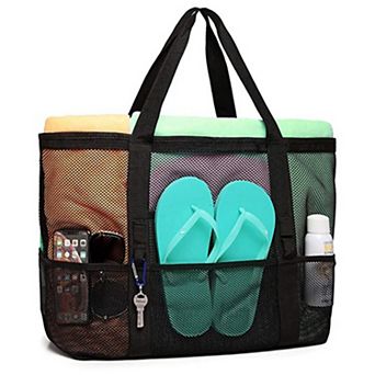 Mesh Beach Tote Bag Large Capacity Travel Shoulder Bag with Exterior Pockets Zipper Top Organizer