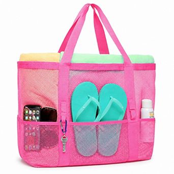 Mesh Beach Tote Bag Large Capacity Travel Shoulder Bag with Exterior Pockets Zipper Top Organizer